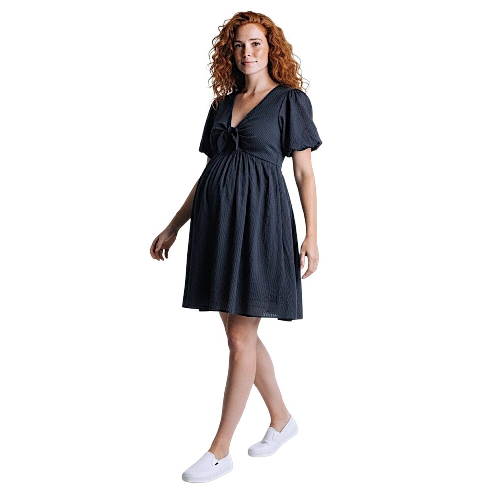 Seraphine Nursing Dress 8 Front Bow Navy Aviana Maternity Stripe Cotton Travel